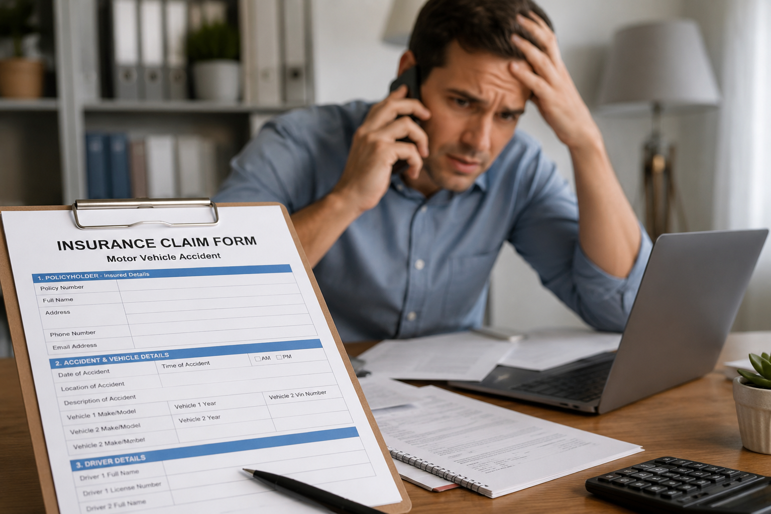 Man stressed on phone while insurance claim form for motor vehicle accident sits on desk.