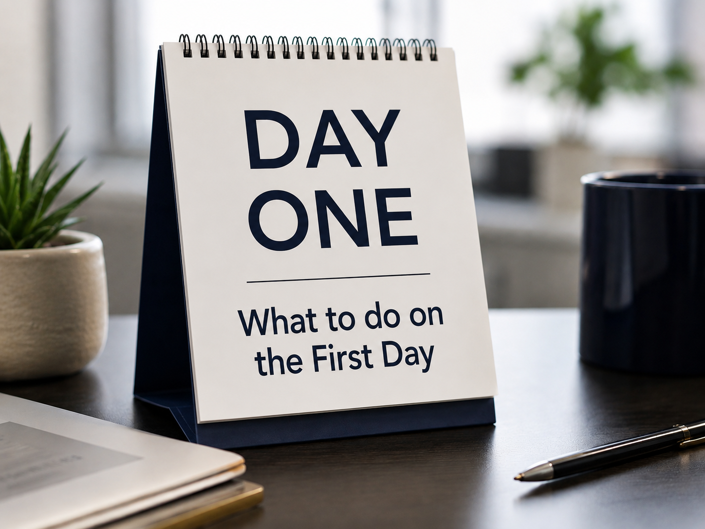 Desk calendar card reads “DAY ONE” and “What to do on the First Day,” with pen nearby.