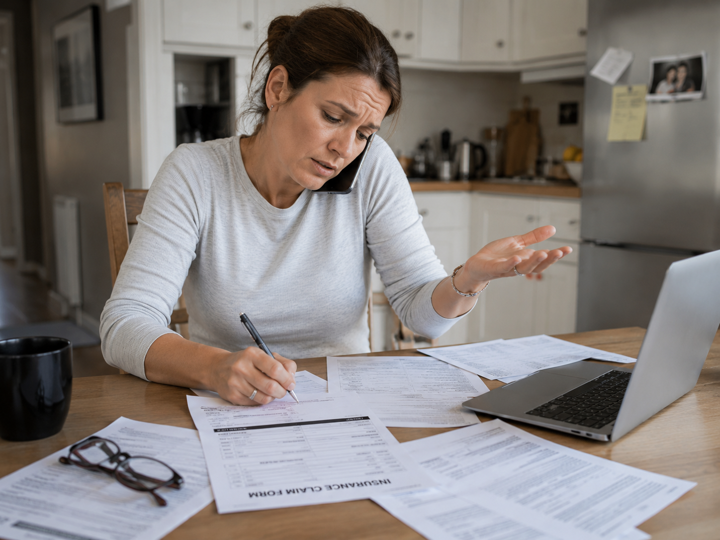 Woman at kitchen table talks on phone while signing insurance paperwork beside open laptop and documents.