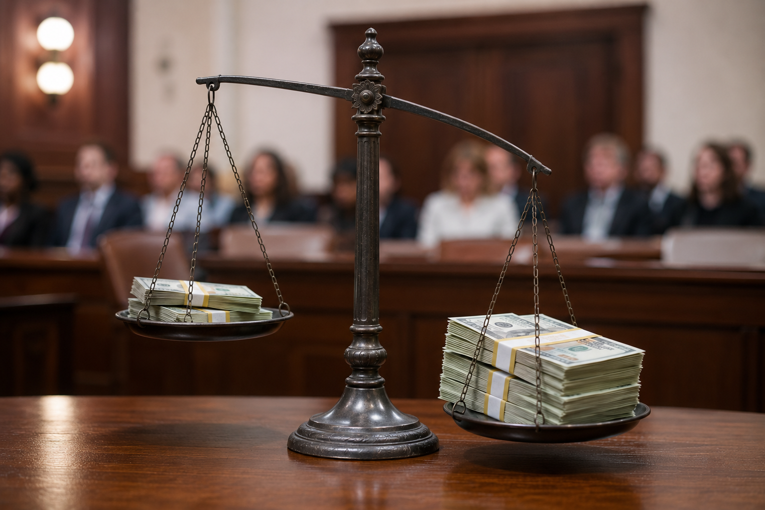 Bronze courtroom scales balancing stacks of cash, with blurred jurors seated in the background.