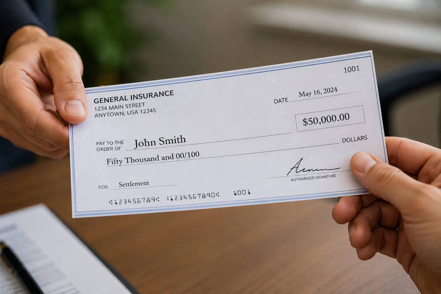 Hands holding a check labeled General Insurance, payable to John Smith for $50,000.00.