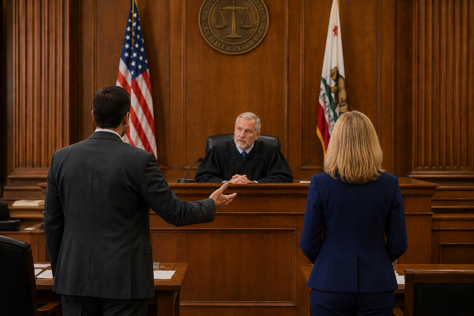 Lawyers in suits face a judge in a courtroom, with U.S. and CA state flags behind.