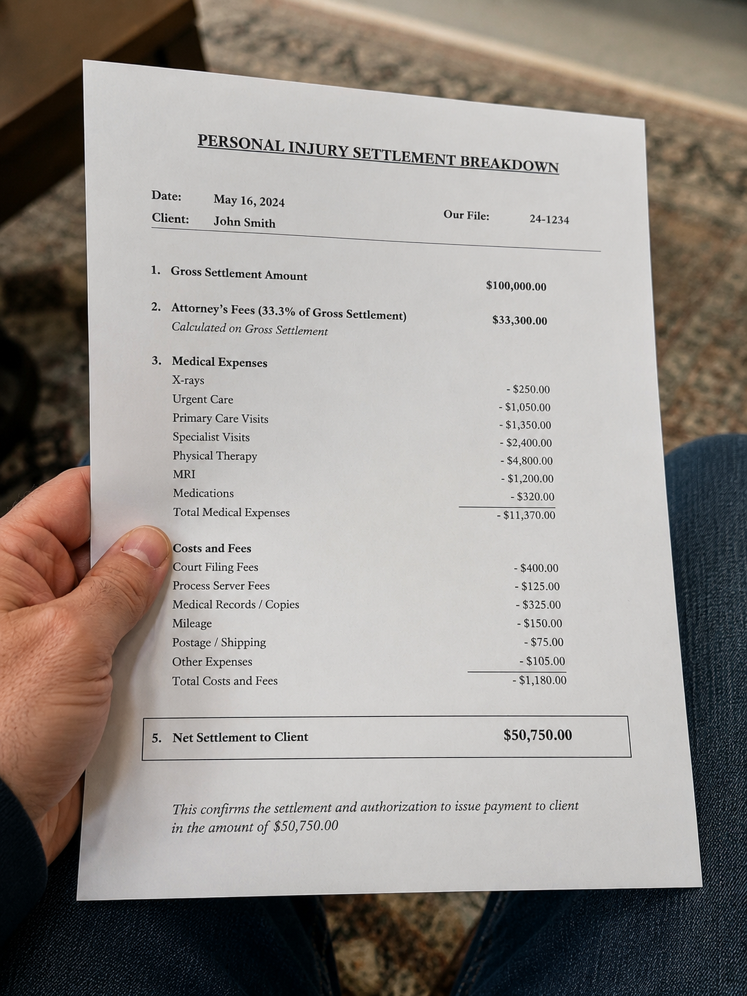 Hand holding a personal injury settlement breakdown document with dates, client name, and monetary totals.