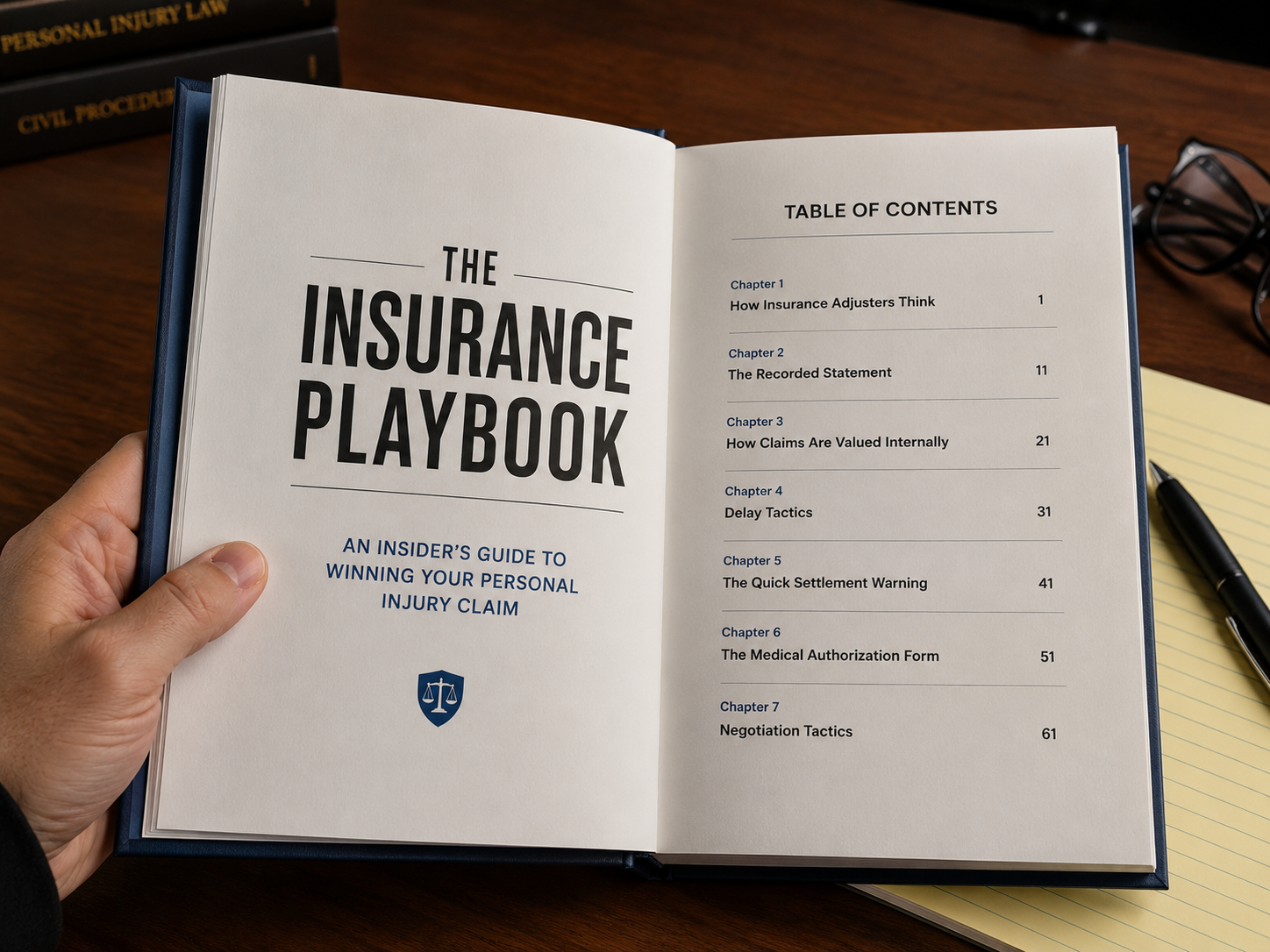Open book titled “The Insurance Playbook” showing table of contents, held on wooden desk.
