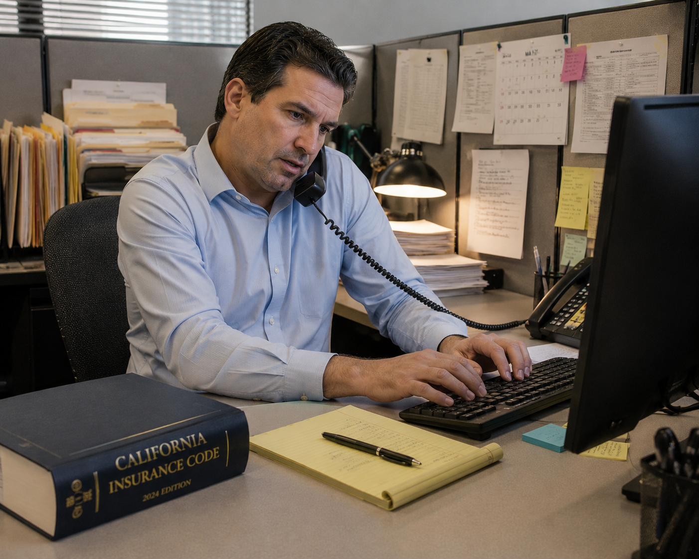 Insurance adjuster in blue shirt uses computer keyboard while speaking on desk phone, surrounded by documents.