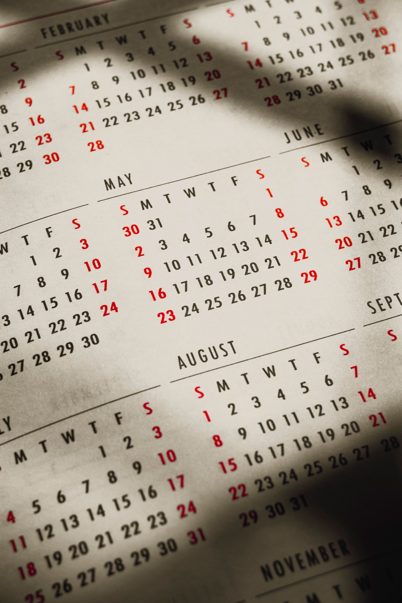Close-up of a calendar grid with days and numbers, highlighted in red across months.