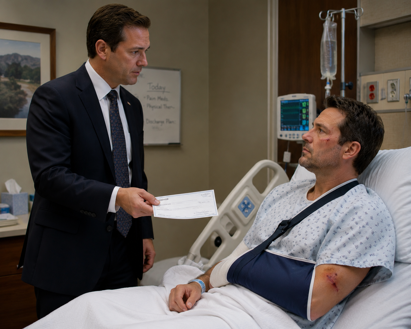 Insurance adjuster in suit hands patient a check while patient lies in hospital bed with monitors nearby.