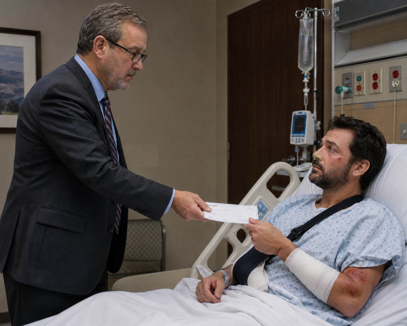 Insurance adjuster in suit hands patient a check while patient lies in hospital bed with monitors nearby.
