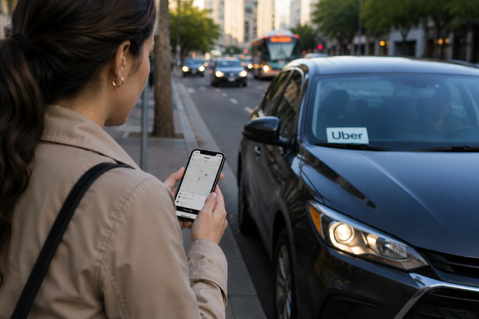 Woman holding smartphone with Uber map app while standing beside a black Uber car on city street.