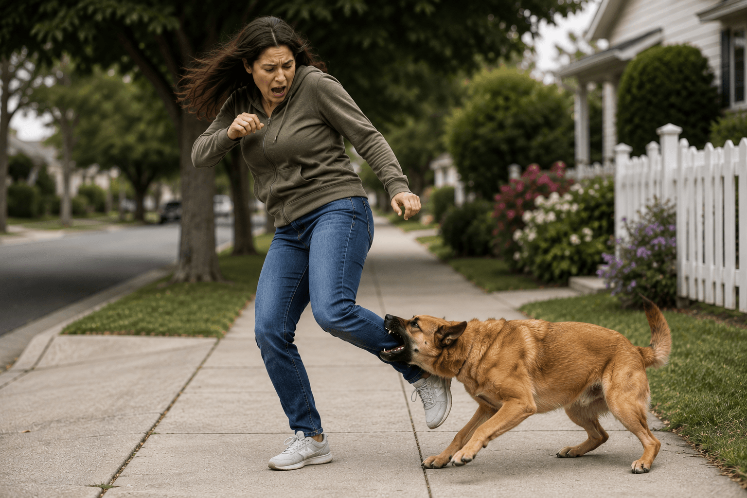 Woman running on sidewalk, dog beside her looking aggressive and biting her leg.