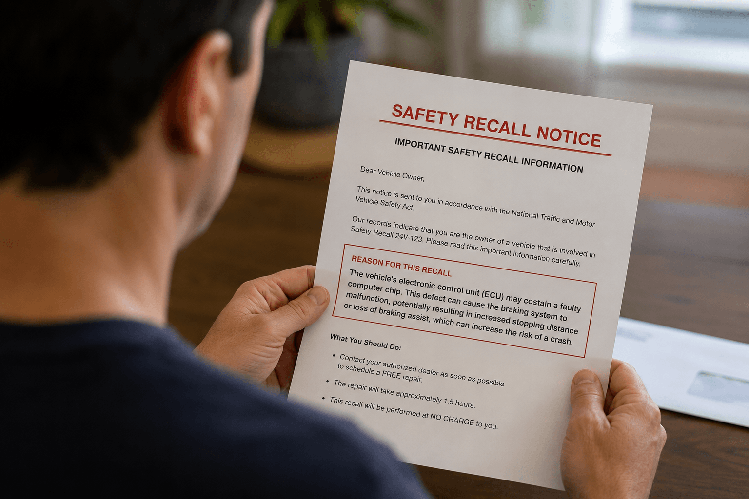 Hand holding a safety recall notice letter titled “SAFETY RECALL NOTICE” on a desk.