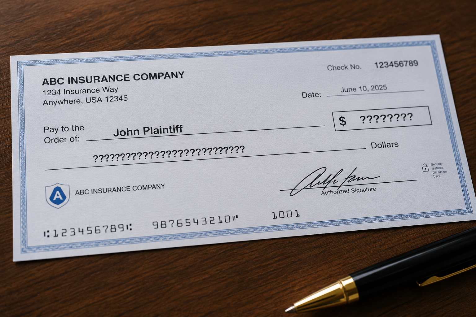 Insurance check document on wooden desk, showing payee, date, check number, amount, and signature.