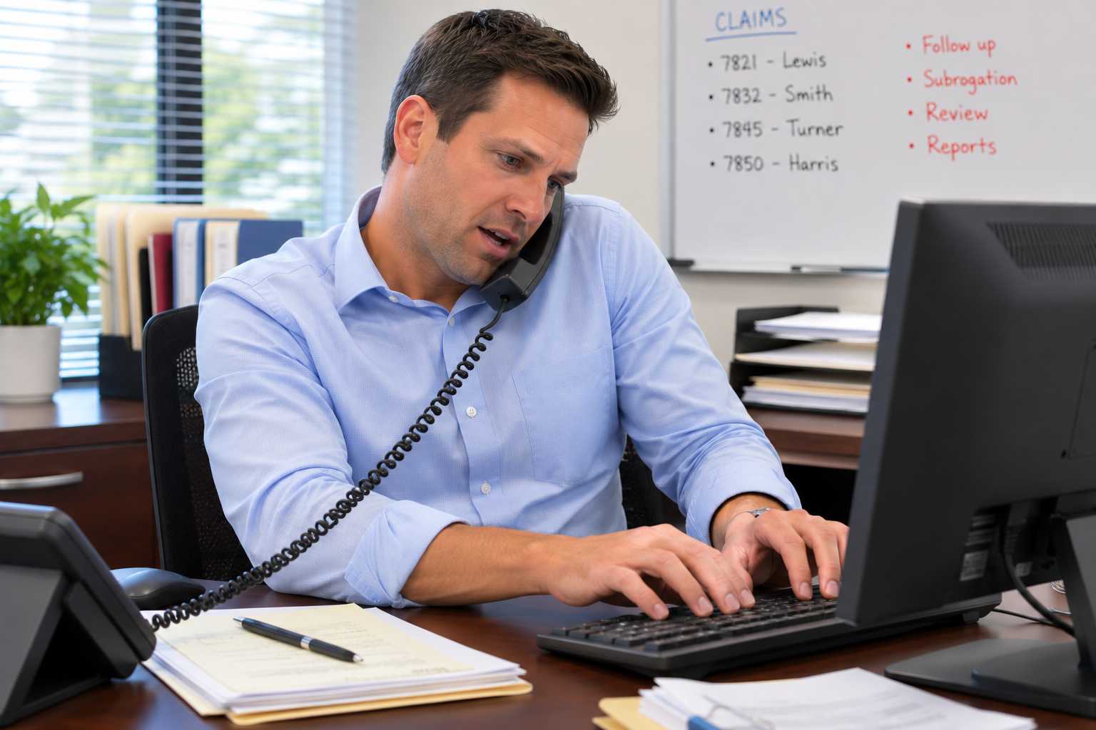 Man in blue shirt speaks on headset while typing on laptop, with claims board behind.