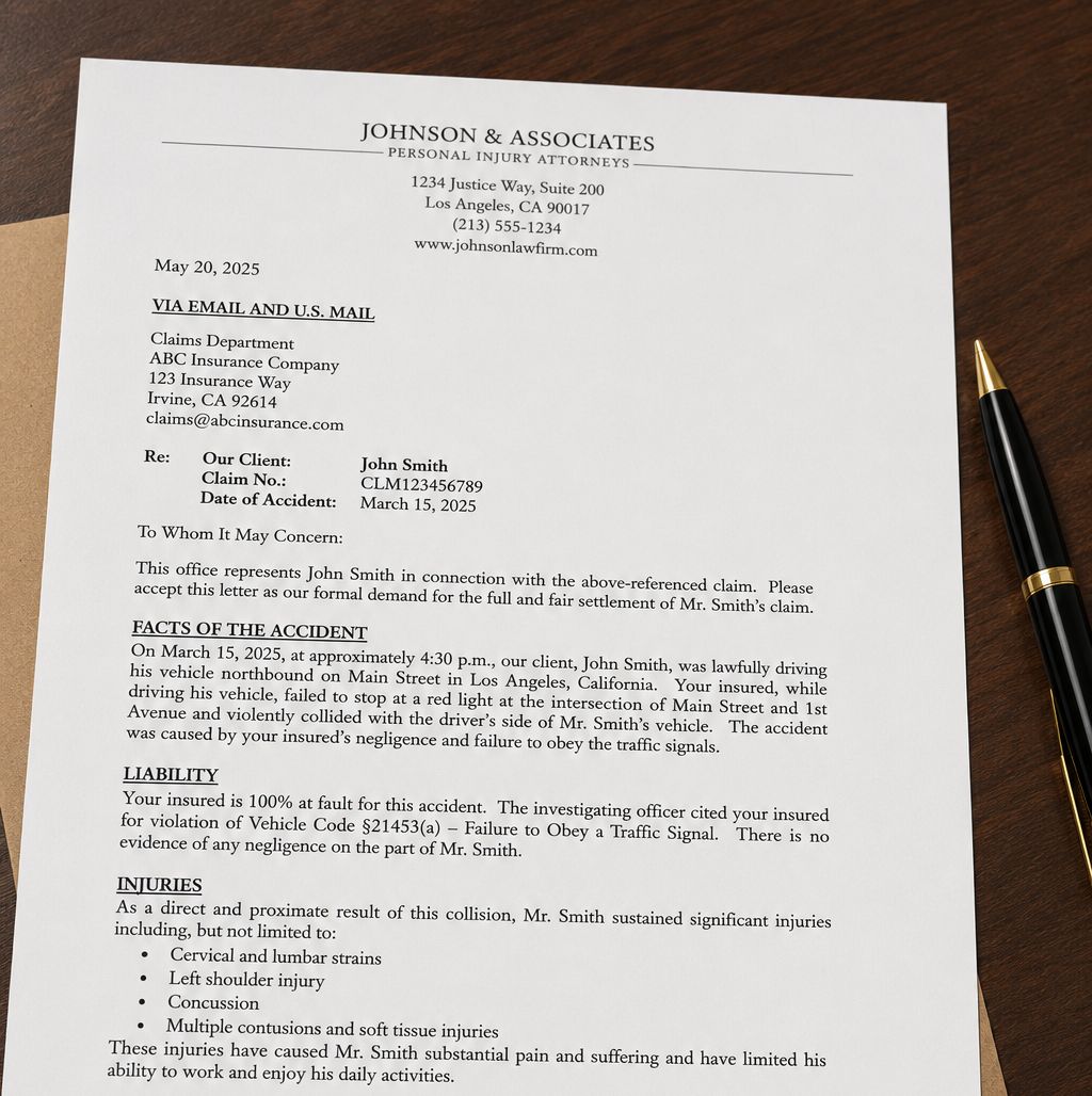 Legal letterhead with Personal Injury Demand Letter from Johnson & Associates on wooden desk, with pen at right.