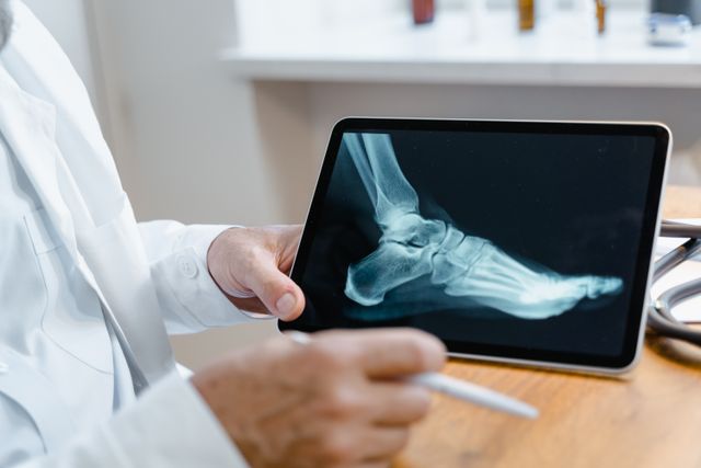 Doctor holding tablet showing X-ray of foot and ankle during medical consultation.